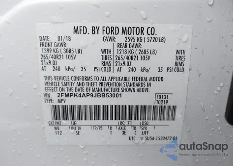 2018 Ford Edge Sport z USA, uszkodzony, nr VIN 2FMPK4AP9JBB53001